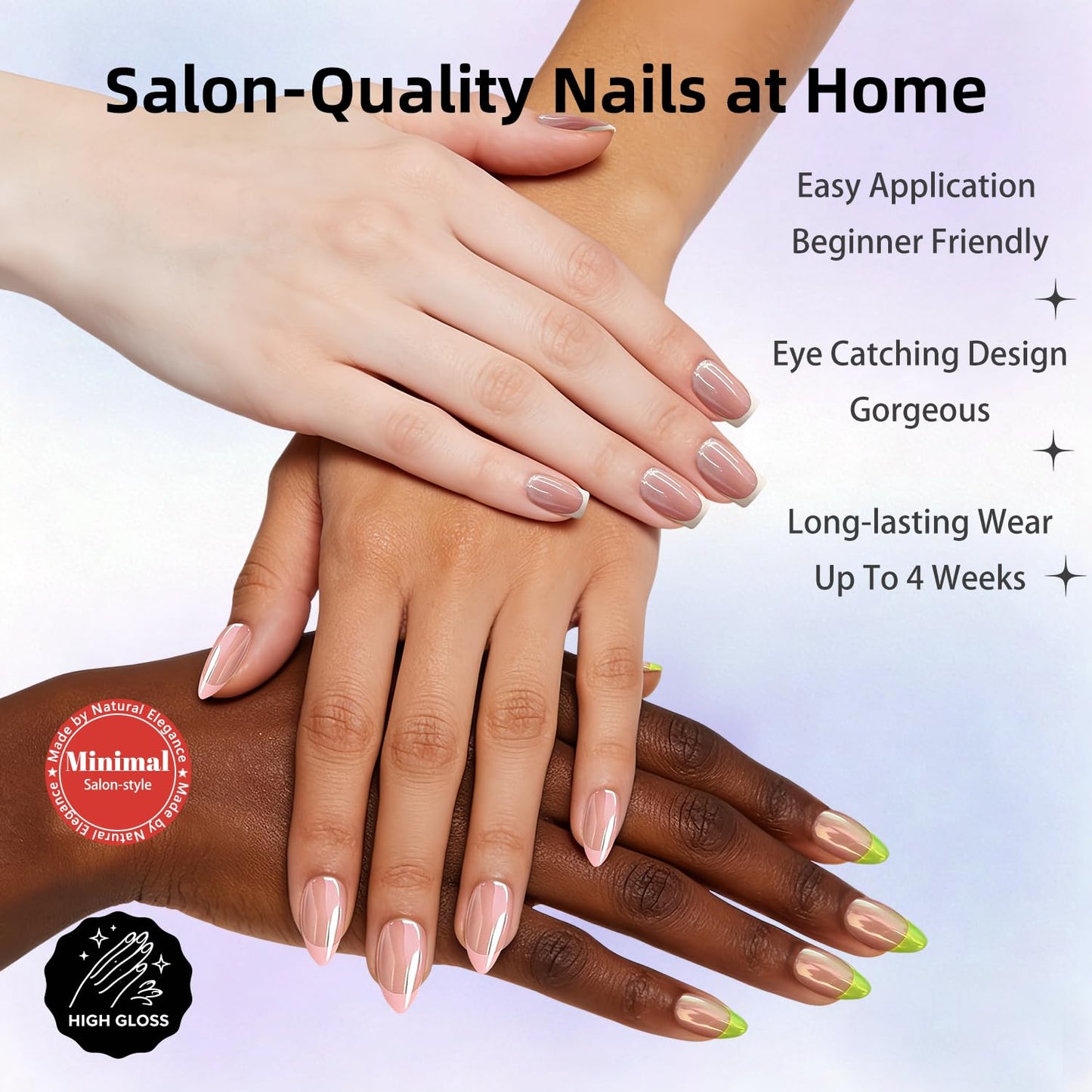 KQueenest Chrome French Tip Press On Nails Short Almond, 30 Pcs Glazed Pastel Yellow Fake Nails Press ons With Mirror Effect, Reusable Long-Lasting Bling Glue on Nails with Glue for Women Manicure