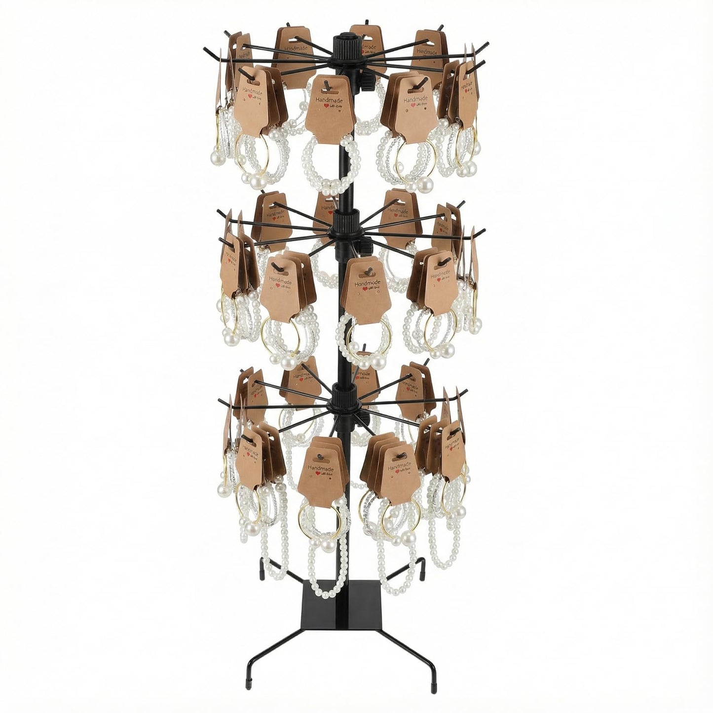 COMNICO Rotating Jewelry Display Stand with 200 Pcs Bracelet Display Cards, 3 Tier Metal Adjustable Jewelry Displays Rack with Hooks for Necklace Earrings Key Rings Hats Socks