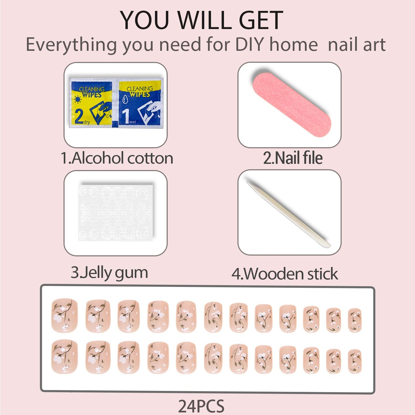 24Pcs Spring Summer Press on Nails - Pink Short Square False Nails With Floral Design Artificial Nails Acrylic Full Cover Fake Nail Kit Flower Stick on Nails For Women And Girls
