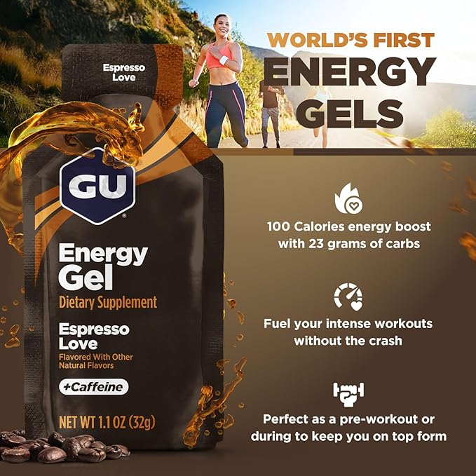 GU Energy Original Sports Nutrition Energy Gel, Vegan, Gluten-Free, Kosher, and Dairy-Free On-the-Go Energy for Any Workout, 24-Count, Espresso Love