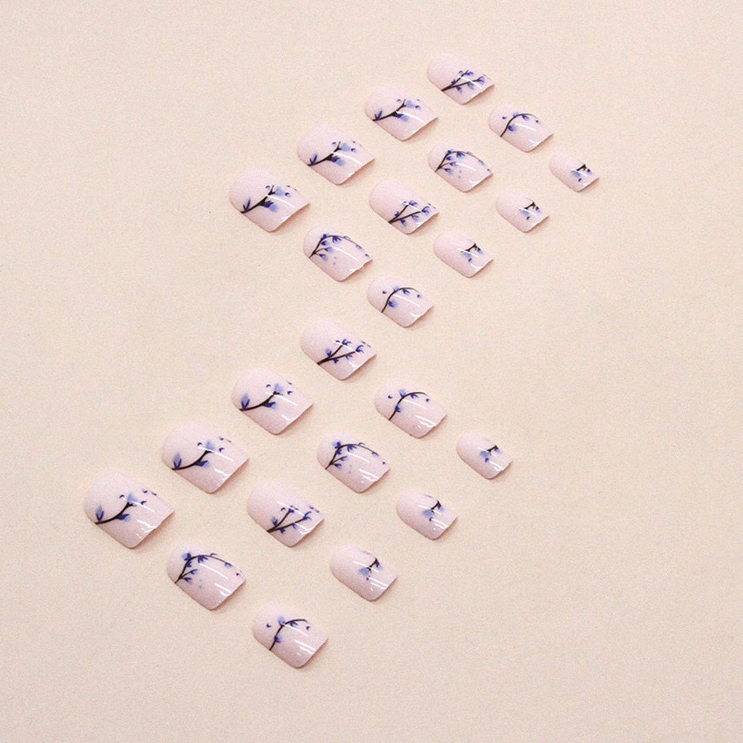 Short Press Cute Acrylic Nails - Glossy Glue on False Nails with Blue Floral Bud Designs - 24 Pcs