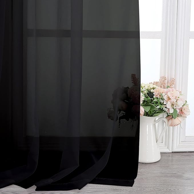 Simplebrand Black Sheer Curtains 120 Inches Long, Extra Long Rod Pocket Solid Color Window Sheer Curtain Panels, Elegant Curtains & Drapes for Living Room, Bedroom 2 Panels (Black, 2x42x120'')