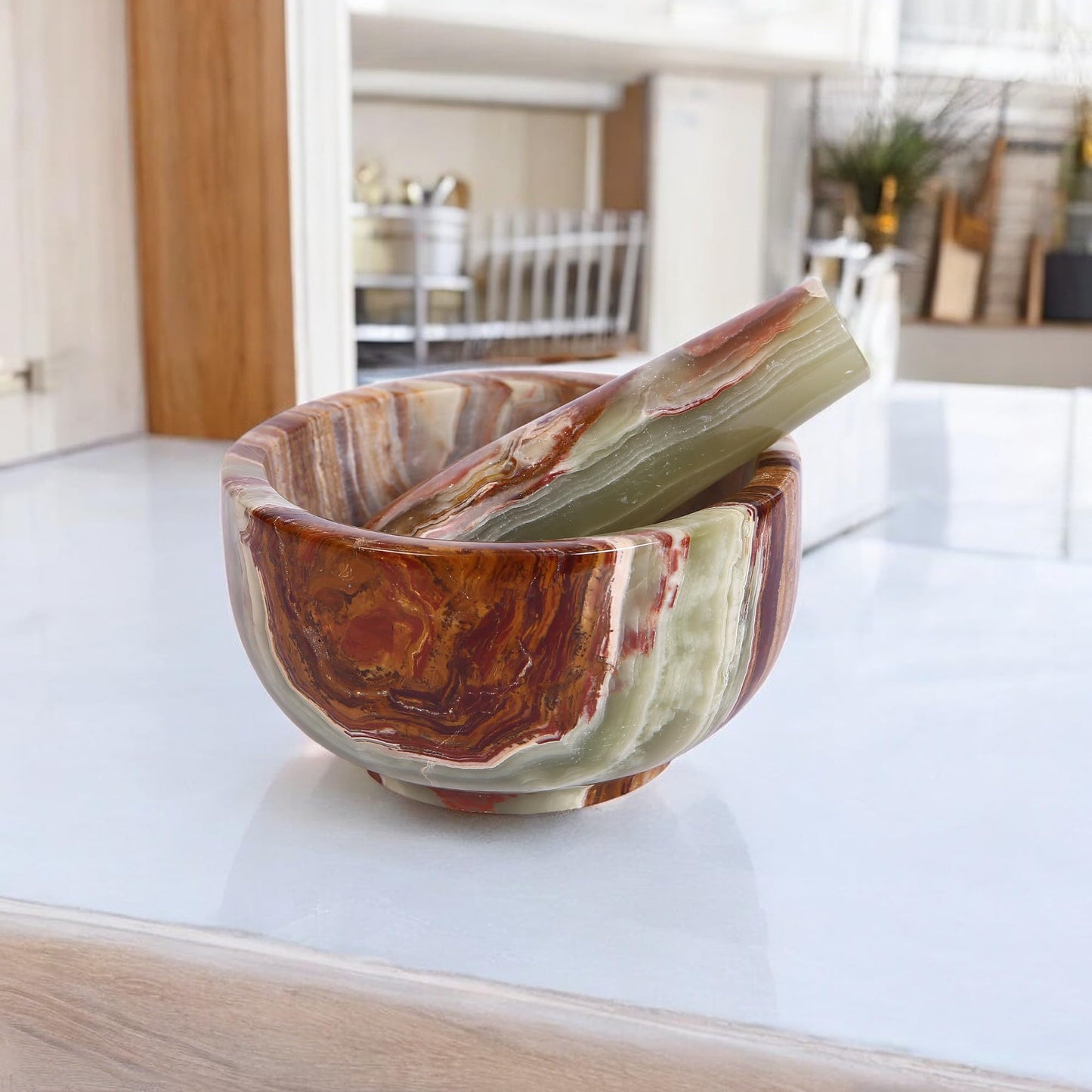 Exquisite Marble Mortar and Pestle Set - Your Ultimate Kitchen Essential for Grinding Spices, Making Guacamole, Salsa, Pesto, and Crushing Pills (Onyx Green, Bowl Shape (5"))