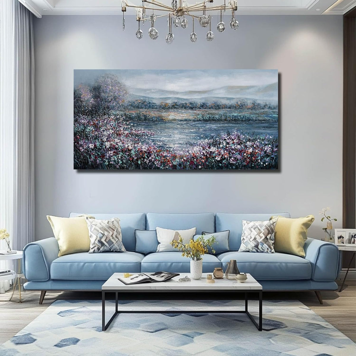 CHUDANHAO Textured Wall Art Cuadros Abstractos Para Sala Abstract Wall Decor Blue Flowers Paintings Large Canvas Pictures Mountain Arts 29"x58"