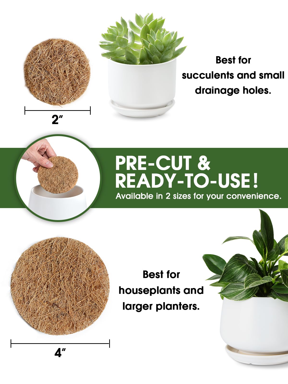 LE TAUCI Ceramic Planter with Coconut Fiber Drainage Mesh Pad, Keeps Soil in Place and Improves Drainage for Indoor Plants