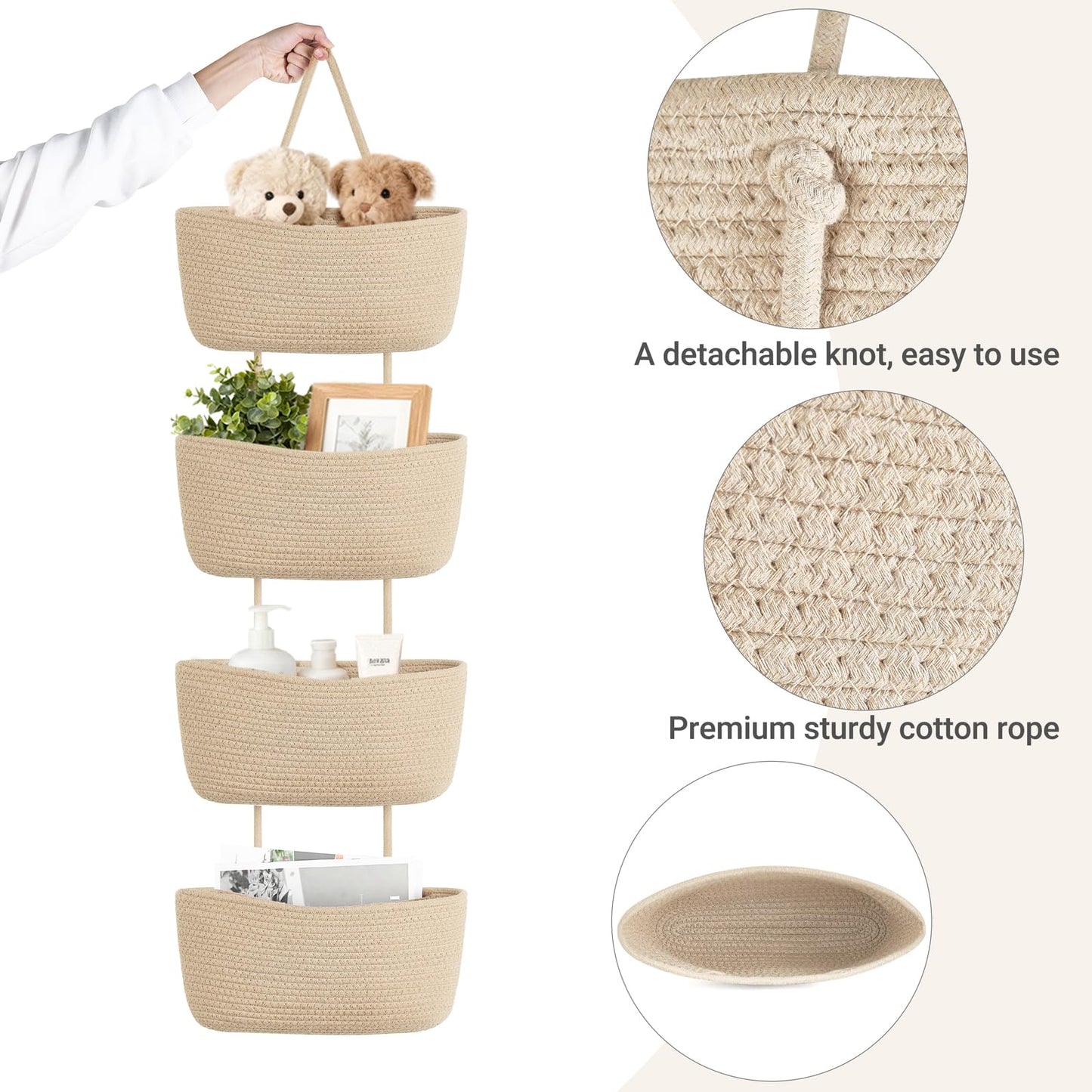 Dahey Over The Door Hanging Basket 4-Tier Woven Boho Wall Mounted Storage Organizer with Hooks for Bedroom Nursery Bathroom Apartments Dorm Pantry Decor, Jute