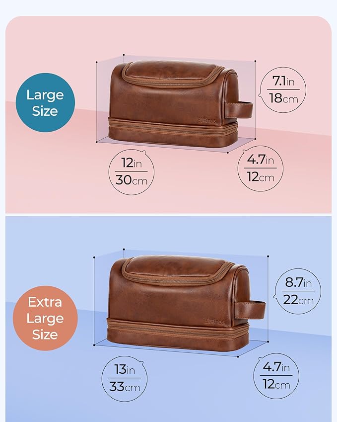 Elviros Toiletry Bag for Mens PU Leather Travel Organizer Kit with Hanging hook, Large Water-resistant Toiletries Bathroom Shaving Bags (Extra Large, Brown)