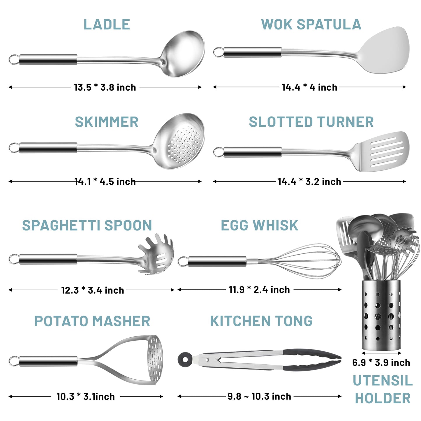 Pleafind Stainless Steel Cooking Utensils Set, 9 Pcs Heat Resistant Kitchen Utensils Set, Nonstick Kitchen Tools Set With Utensil Holder, Metal Spatula Set for Chef, Dishwasher Safe