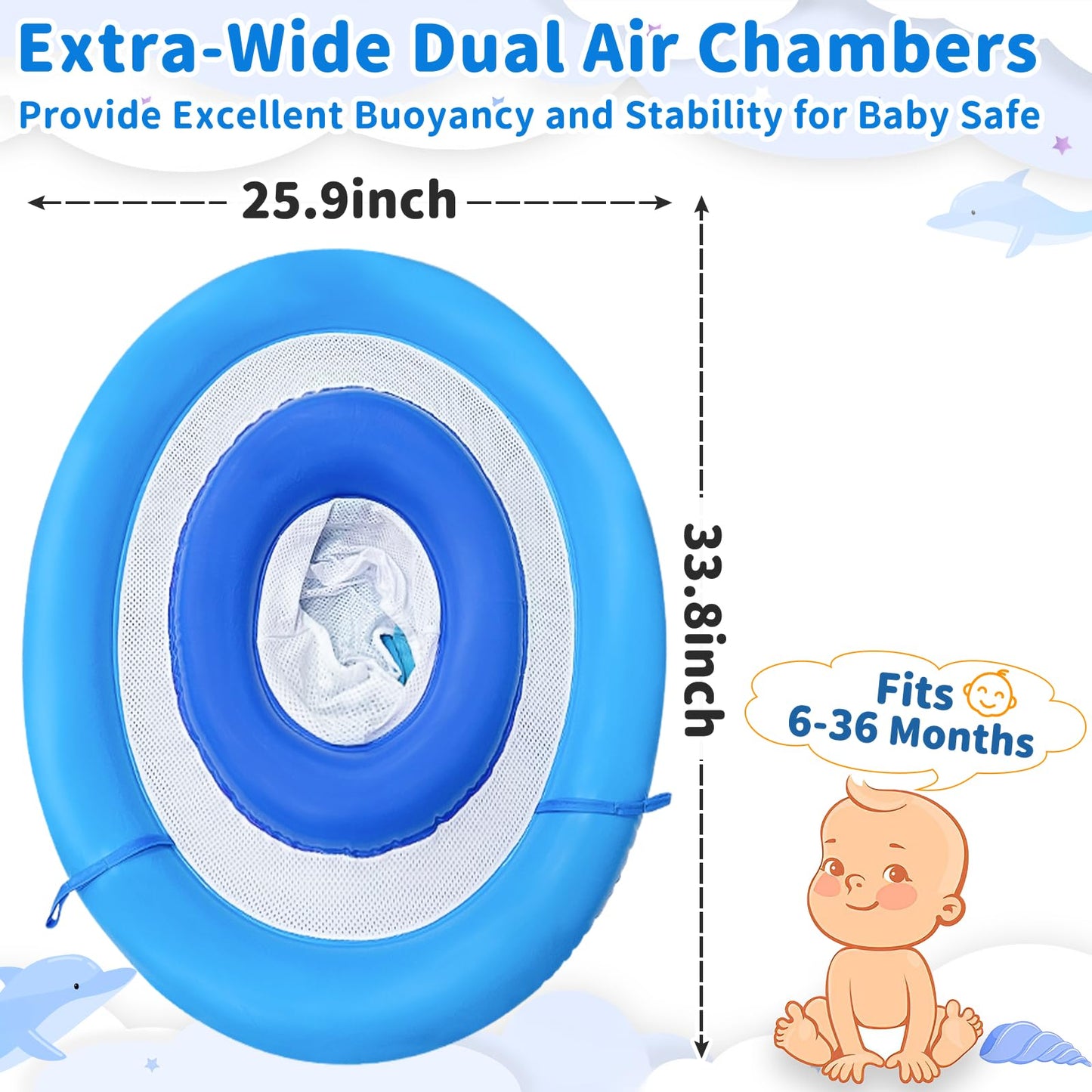 Extra-Large 25.6" Baby Pool Float with Double Airbag & Safety Seat, Inflatable Swimming Ring Float for 6-36 Months Toddler Infant Upgraded Diameter Enhances Stability in Kiddie Pool/Bathtub Swim Train