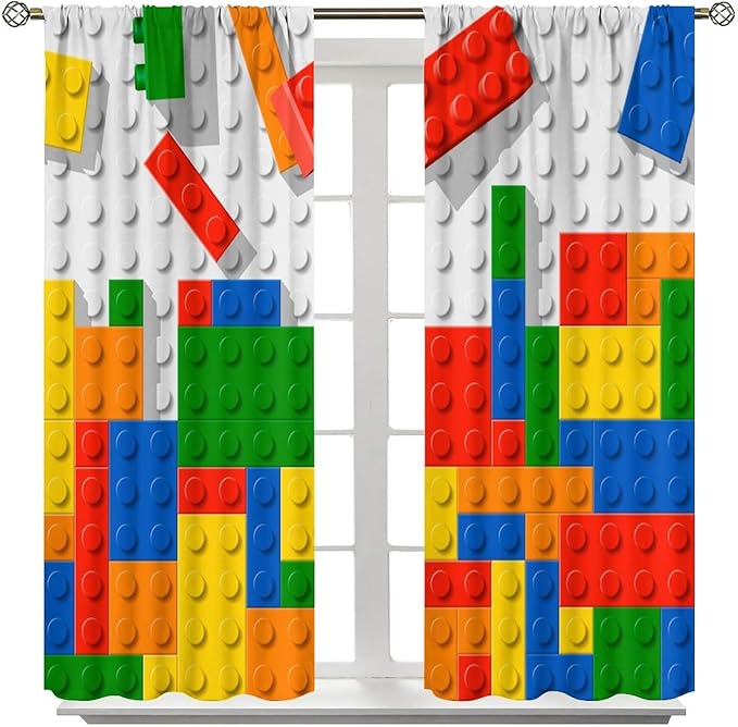 Building Blocks Toy Curtain Rod Pocket Children's Nursery Abstract Outline Colorful Plastic Toy Brick Geometric Print Pattern Curtain Boys Girls Bedroom Playroom 2 Panels 55x63in