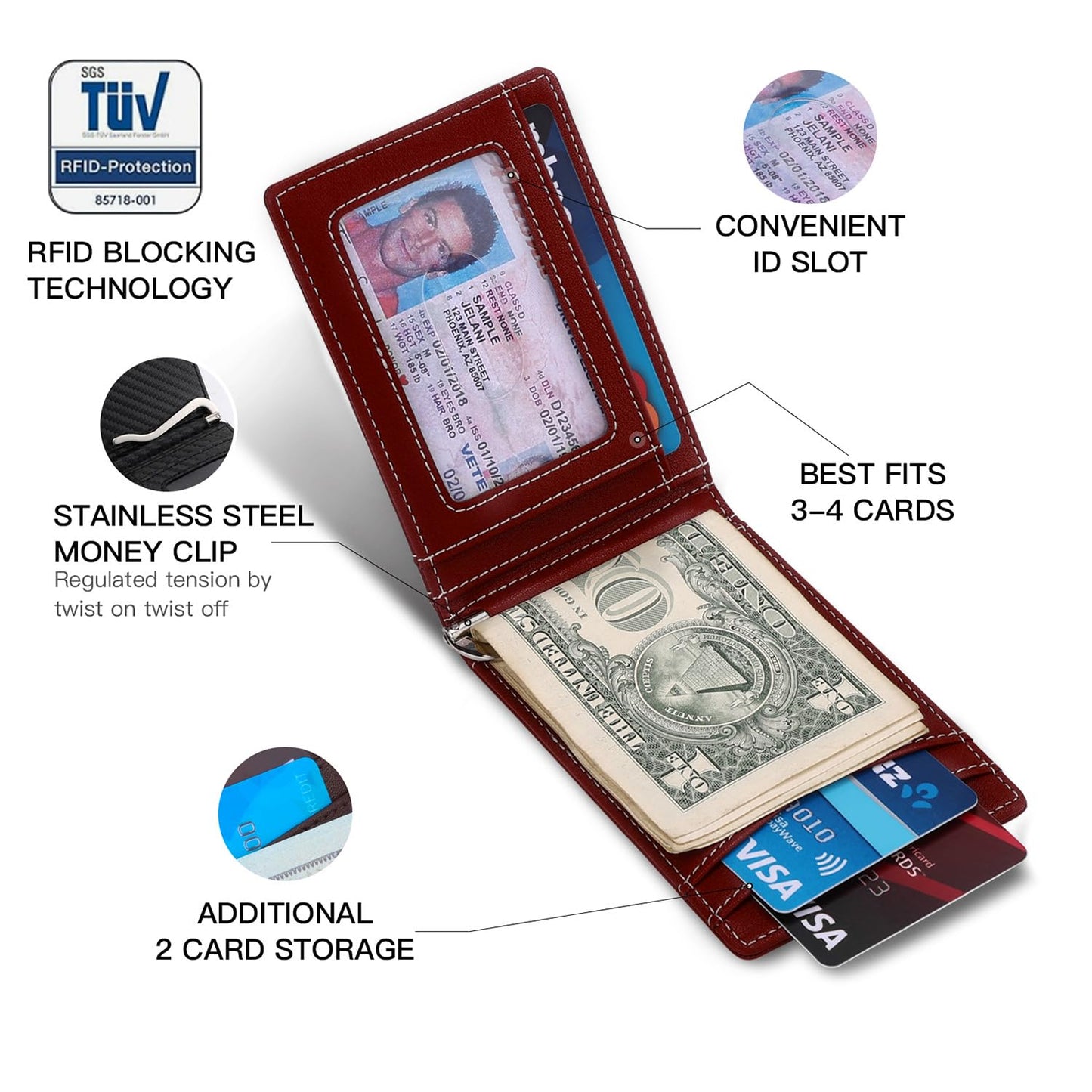 RUNBOX Slim Money Clip Wallets for Men RFID Blocking 8 Card Holder Minimalist Small Thin Carbon Leather Bifold Mens Front Pocket Wallet Gift Box(Vermilion)