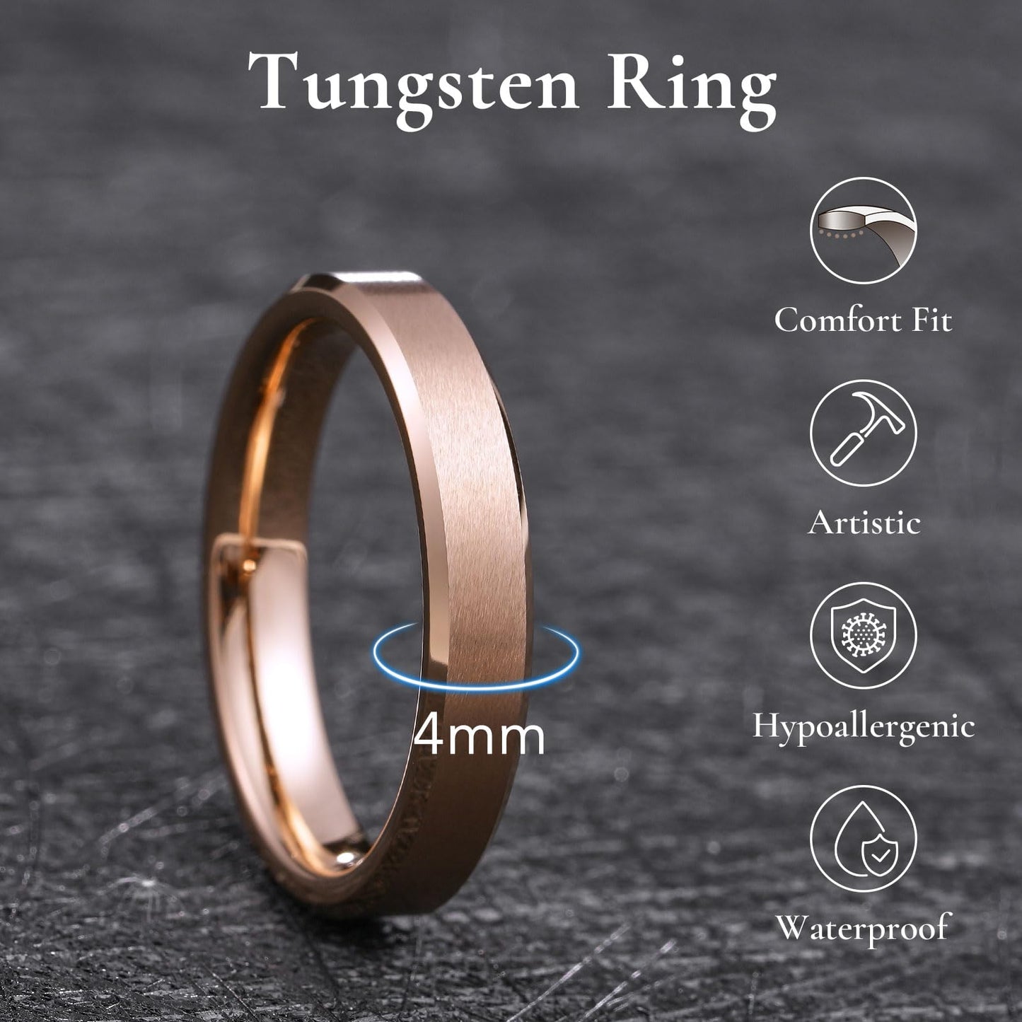 King Will Rose Gold Basic Tungsten Rings For Men Women 4mm Wedding Band Polished Edge Brushed Matte Promise Ring Comfort Fit, size 7