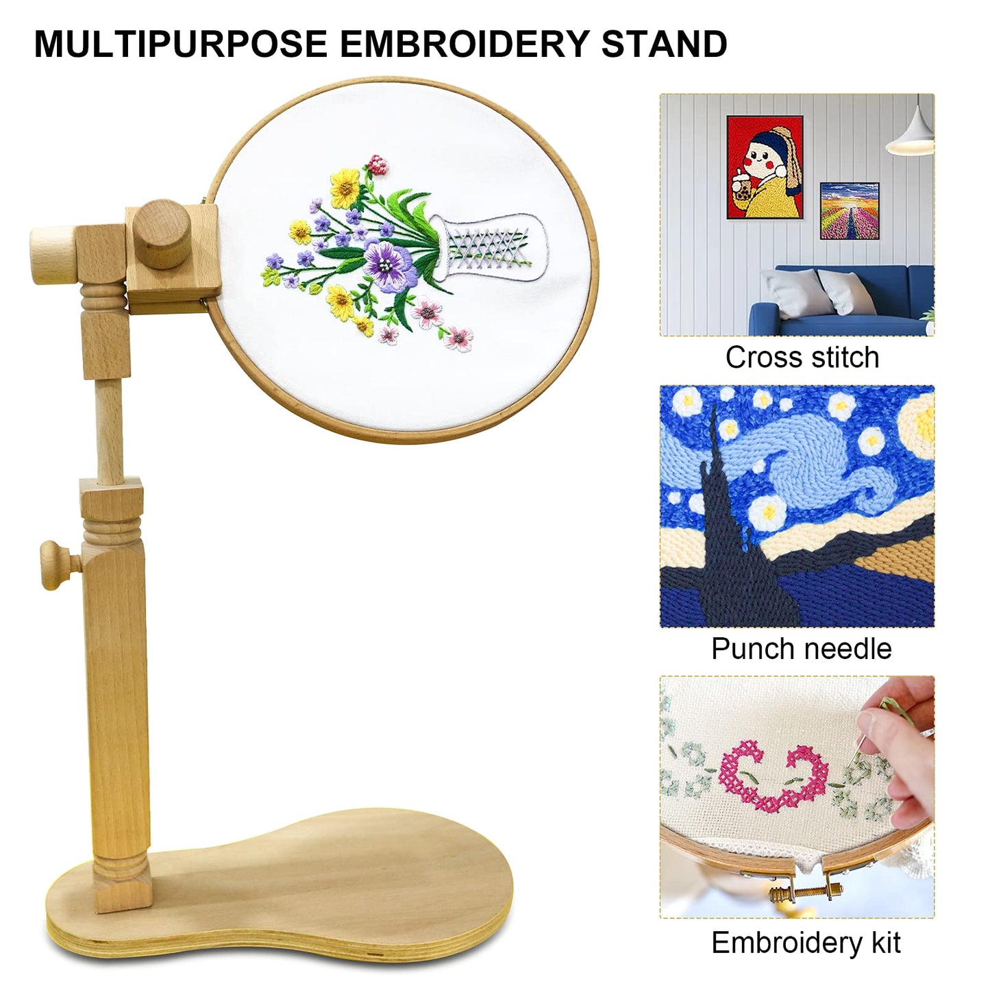 Adjustable Embroidery Hoop Stand Cross Stitch Stand Lap, Beech Wood Embroidery Hoop Holder Frame, Rotated Needlepoint Frame Stand for Art Craft Sewing Needlework Projects