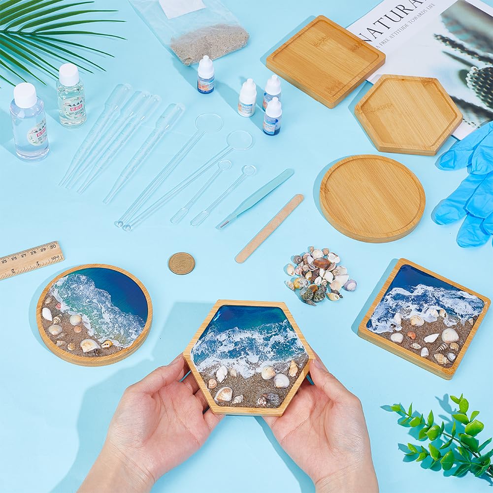 WEBEEDY 3 Sets Resin Bamboo Coaster Resin Complete Set with Trays, Pigment, Seashells & More, DIY Drink Coaster Making Kit for Adults Beginners Office Home Decor Art Clear Craft
