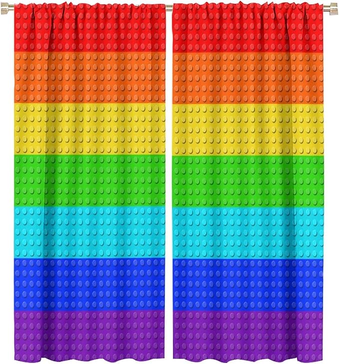 Colorful Building Block Toy Curtain Rod Pocket Children's Nursery Rainbow Contour Plastic Toy Brick Geometric Print Pattern Curtain Boys Girls Bedroom Playroom 2 Panels 55x63in