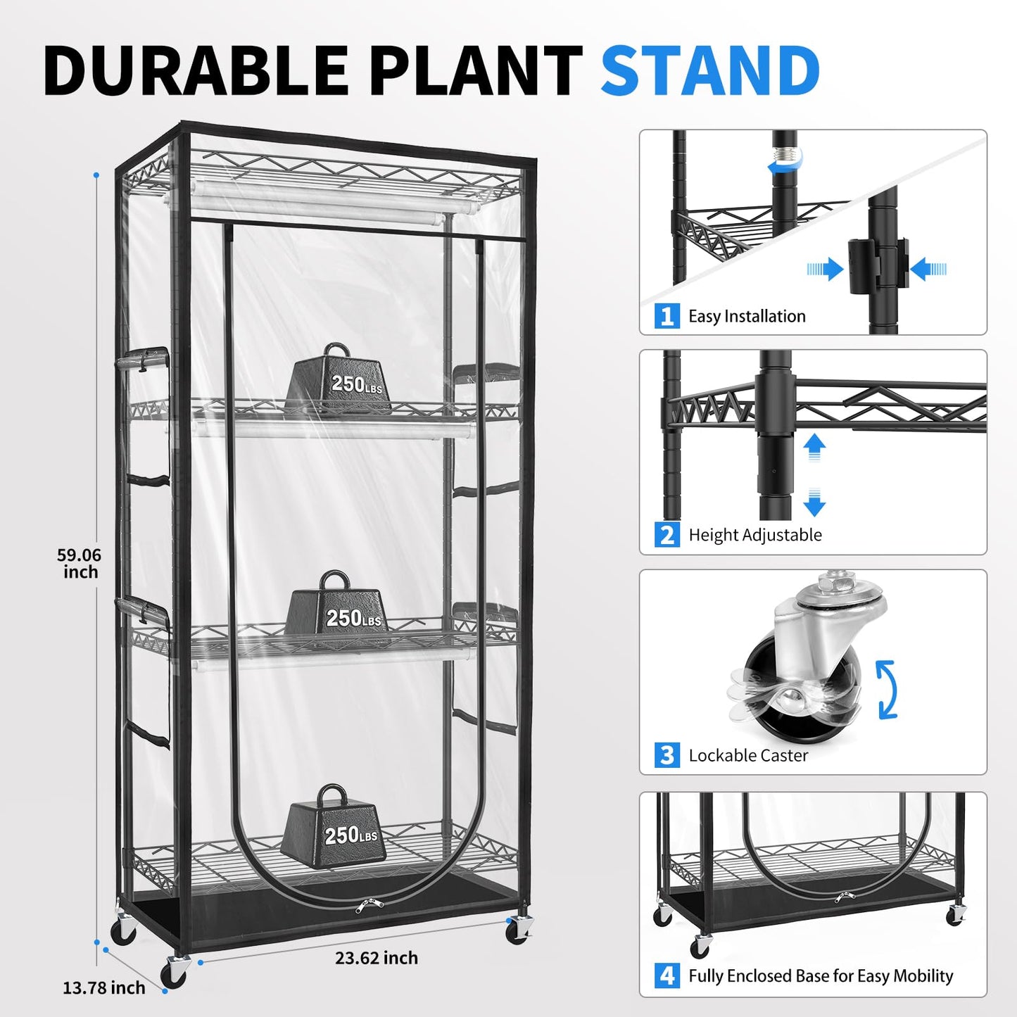 JESLED Indoor Greenhouse with Grow Light - Full Spectrum 5000K LED for Seed Starting, Tiered Lighting Control, Built-in Timer & Thermo-Hygrometer, Rolling Metal Plant Stand (23.6x13.8x59 in)