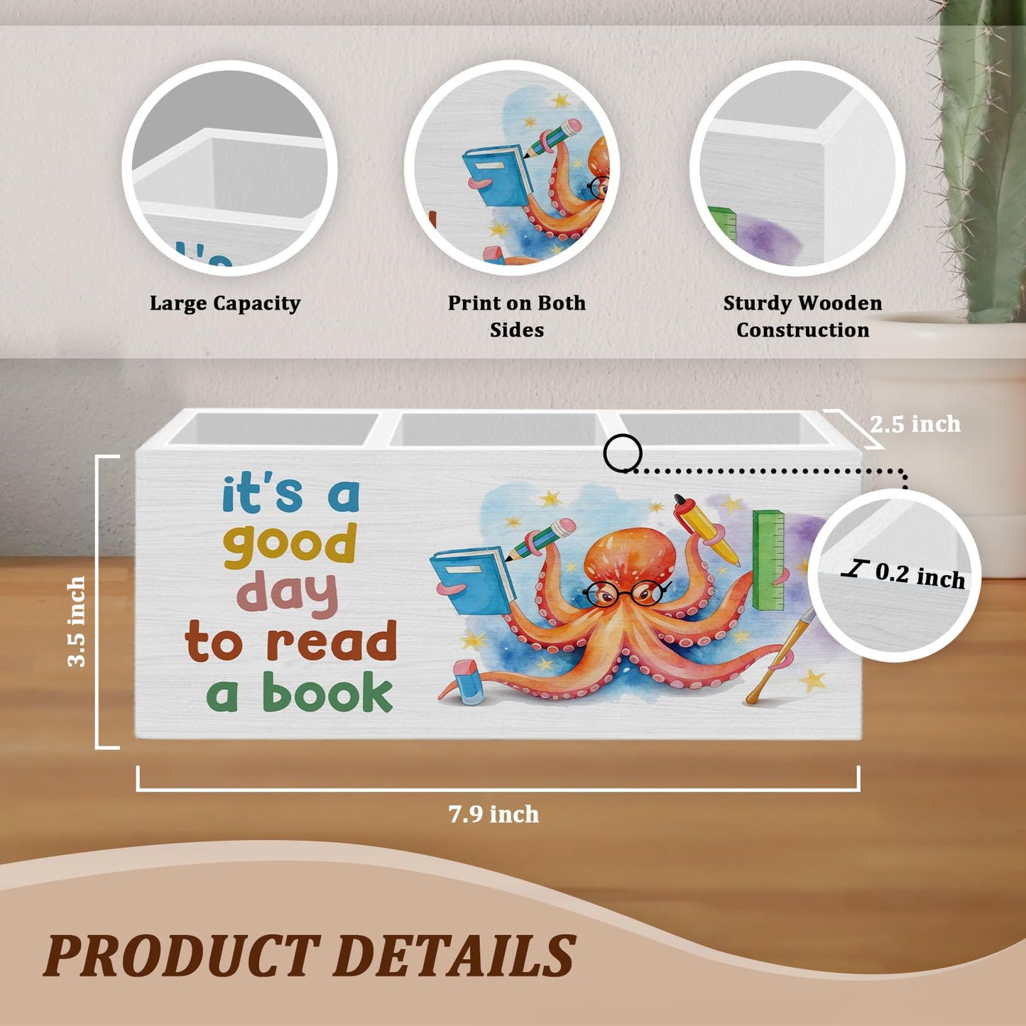 WODMIS Book Lovers Gifts Pen Pencil Holder for Desk, Book Reader Gifts, It's a Good Day to Read a Book Octopus Wooden Box Organizer Decorations for Classroom Reading Room Desk Accessories Tabletop
