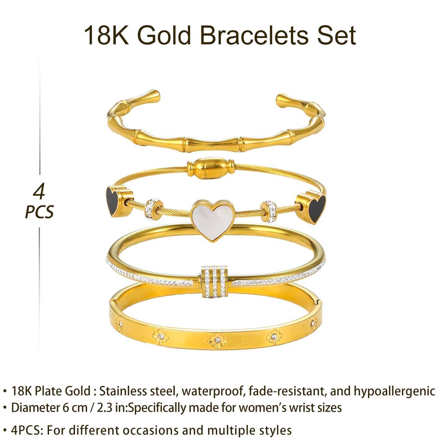 Women's 18K Gold Plated Stainless Steel Bangles & Bracelets Set White Shell Heart Roman Numerals & Cubic Zirconia Twisted Bands Waterproof Tarnish Resistant Hypoallergenic 2.3 Inches (6cm) Stackable Design (4-PC Style A)