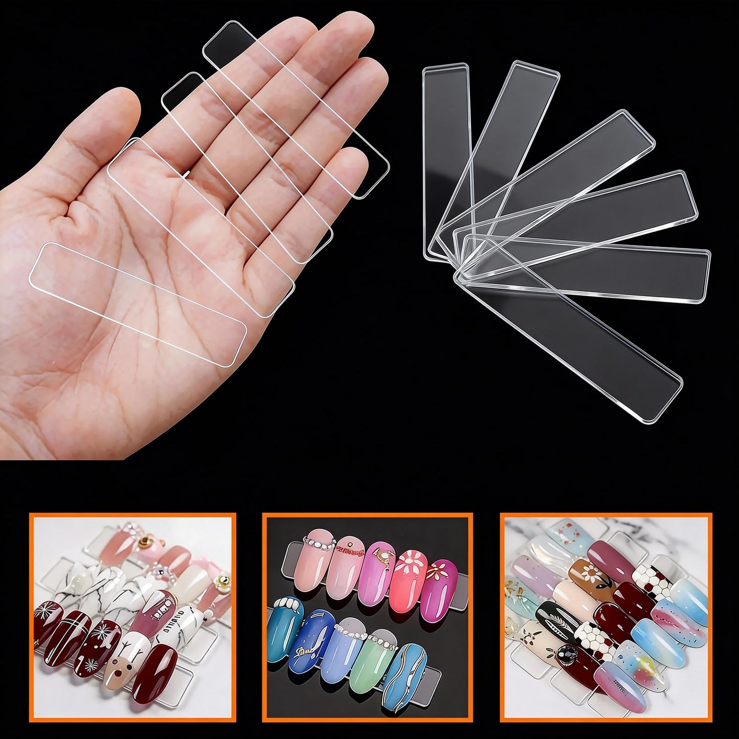 Gabotrie 100 Pack Transparent Nail Display Stand, with 2 Rolls Double Sided Tape, Acrylic Art Display Strips for Practicing, Fake Nail Tips Practice Holder for Salon Home Use