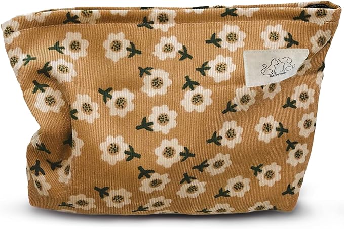 HAPPYHEIDI Women Floral Corduroy Canvas Travel Makeup Bag Cosmetic Pouch Purse Organizer, Khaki