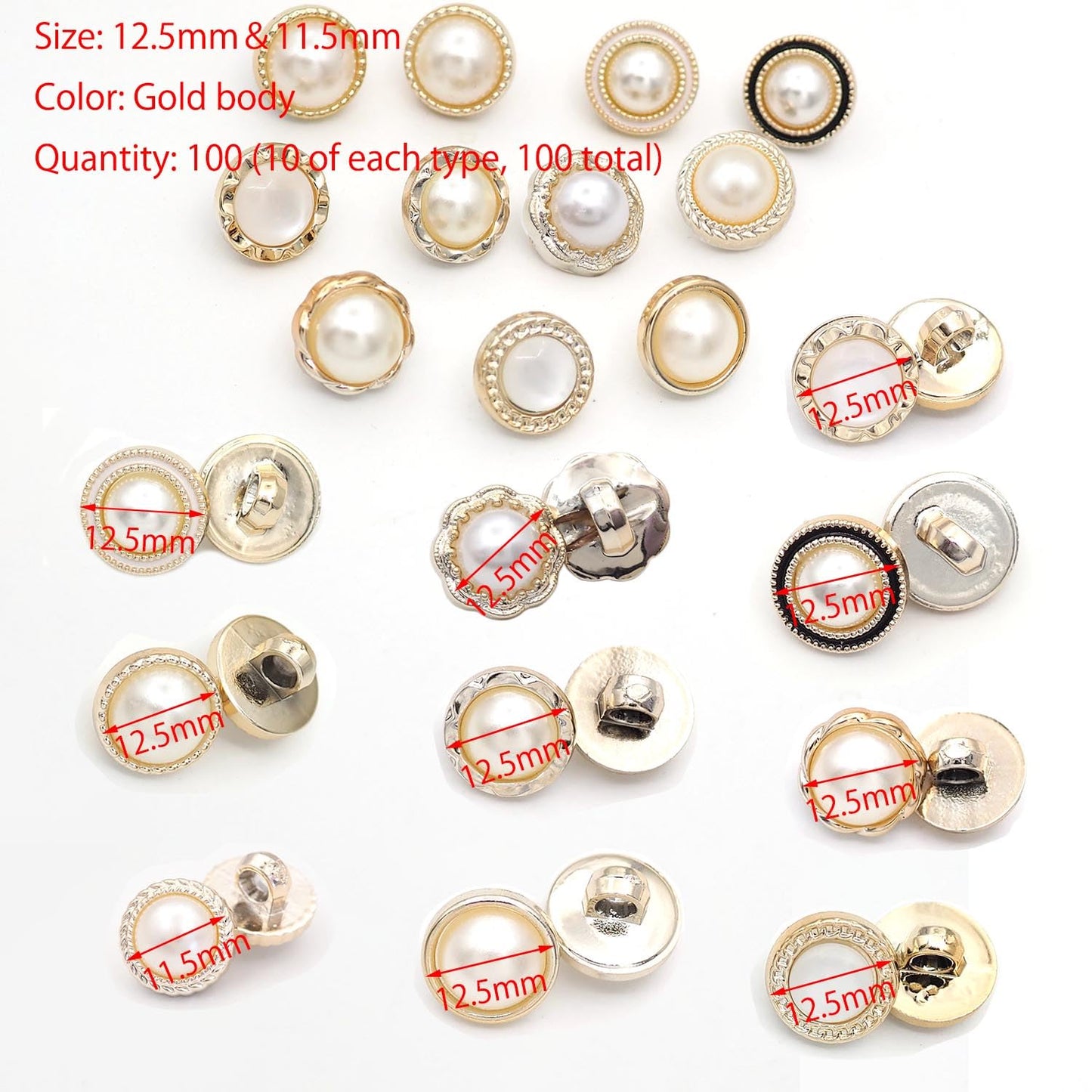 Youmeizer 100PCS(10 Styles) Resin Button Decorated with Artificial Pearls for Crafting· Sewing Replacement·Replacement·Knitting Sweaters Handmade Crafts It's stored in a Plastic Box (Gold)