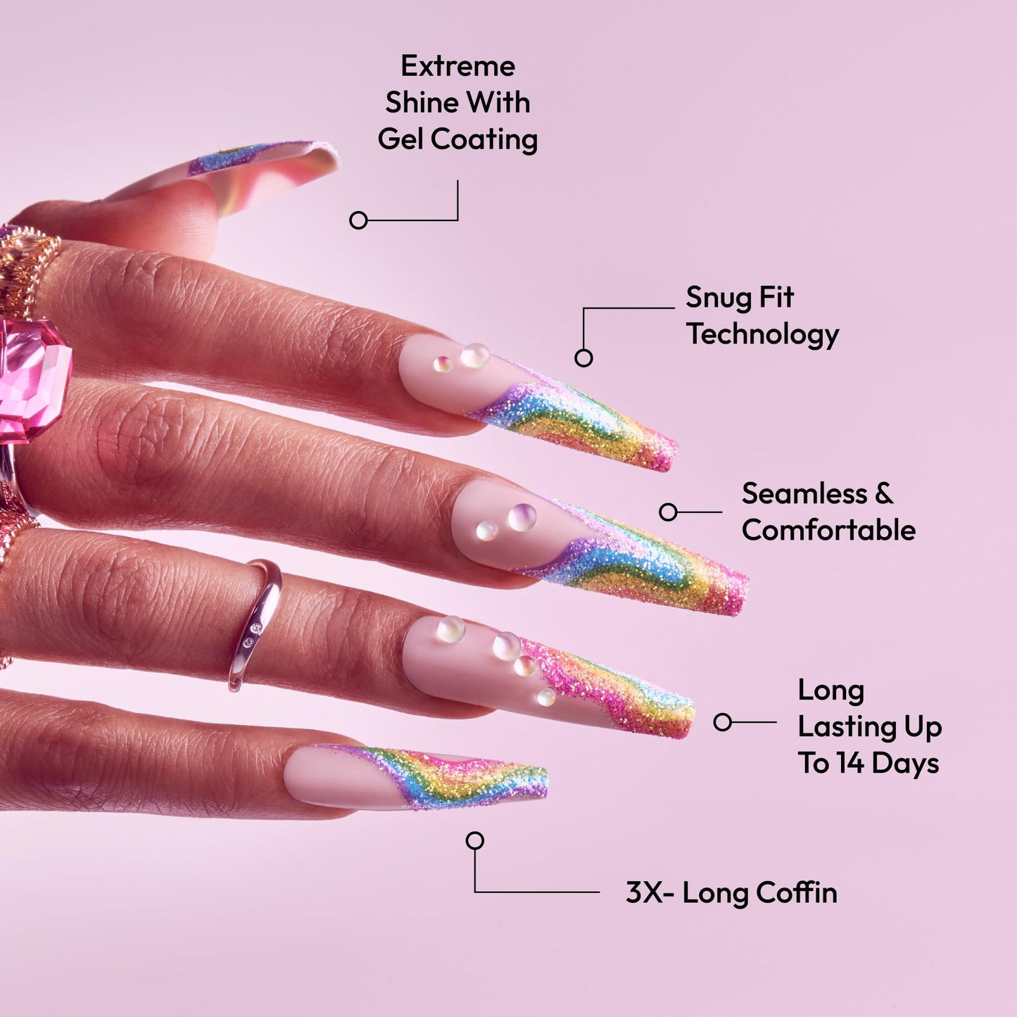 Glitzy 3D Handmade Press On Nail Kit, Rhinestone Gem Glitter French Tip 3X-Long Coffin False Nail, Reusable & Lasts Up To 2 Weeks, Seamless Snug Fit Technology, Includes Glue & 28Pcs Manicure Set