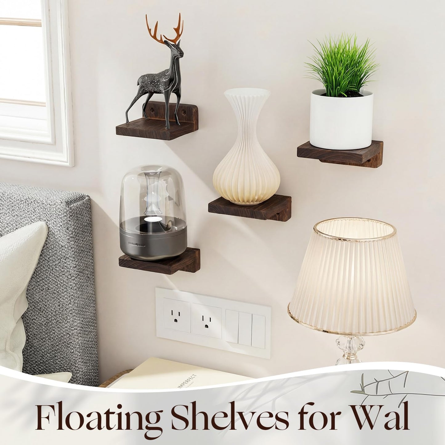 AceOrbit 8 Pcs Small Wall Shelf Rustic Wood Floating Shelves Wall Mounted Storage Supplies for Walls Living Room Bedroom Picture Frames Plants Kitchen Office Decor (Brown,1.57-1.97 Inch)