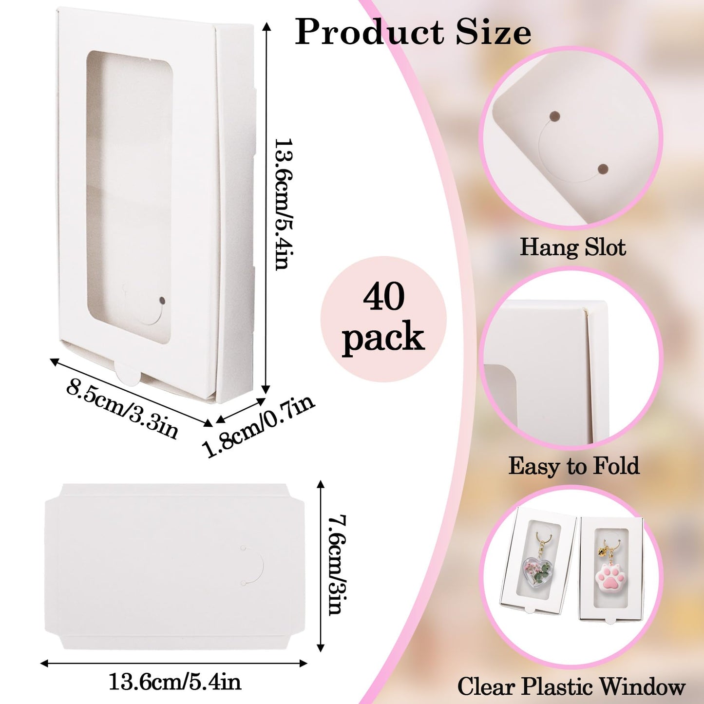 Klmnop 40 Pcs Sublimation Keychain Packaging Box, 5.4" x 3.4" x 0.7" Paper Necklace Packaging Box Bulk with Clear Window Display Card, Jewelry Gift Boxes for Necklace Bracelet Earring Keychain(White)
