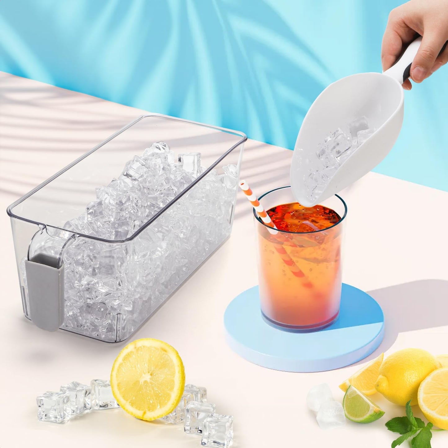 Pumtus 4 Pack Clear Ice Bins for Freezer, Plastic Ice Bucket with Flexible Scoop & Ice Tong, Pull Out Handle Ice Container, Kitchen Food Storage Organizer, Pantry Canister for Wine Beverage Fruit