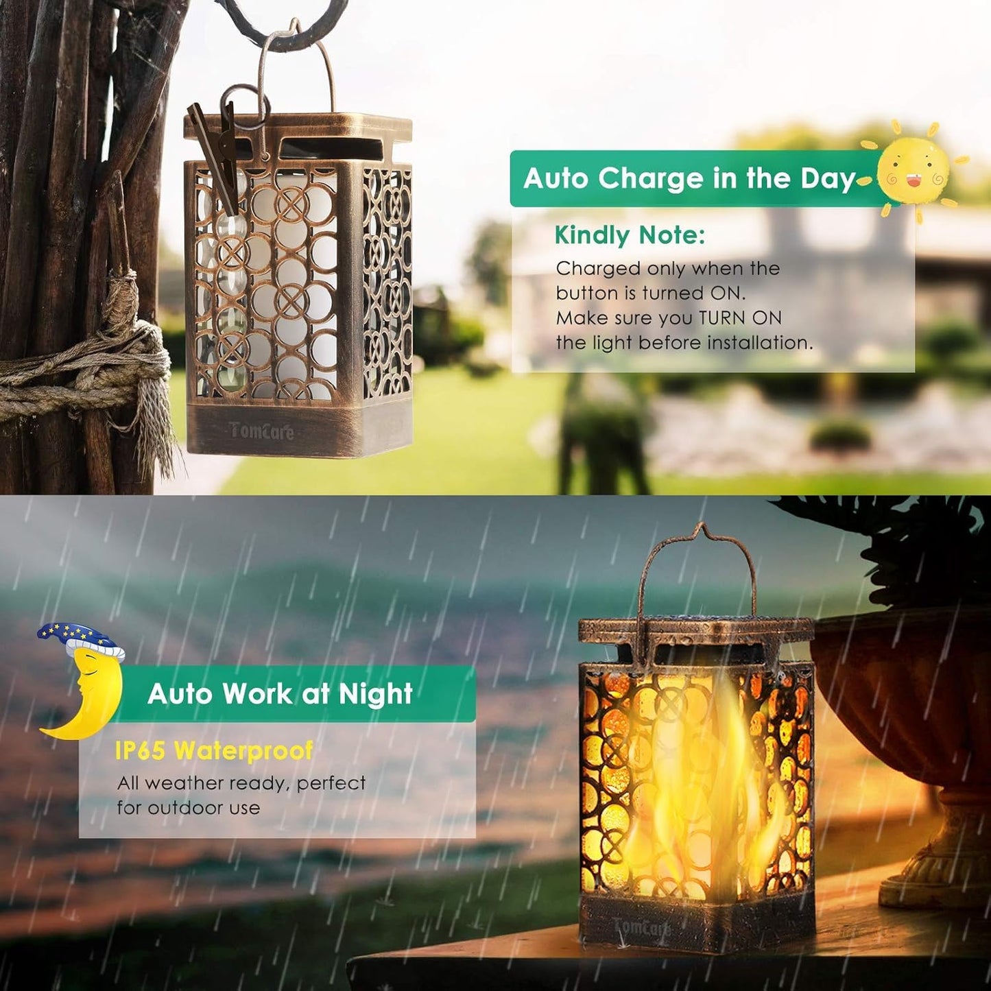 TomCare Solar Lights Upgraded Solar Lantern Flickering Flame Outdoor Hanging Lantern Decorative Lighting Solar Powered Waterproof LED Flame Umbrella Lights for Patio Garden Deck, 4 Pack(Bronze)