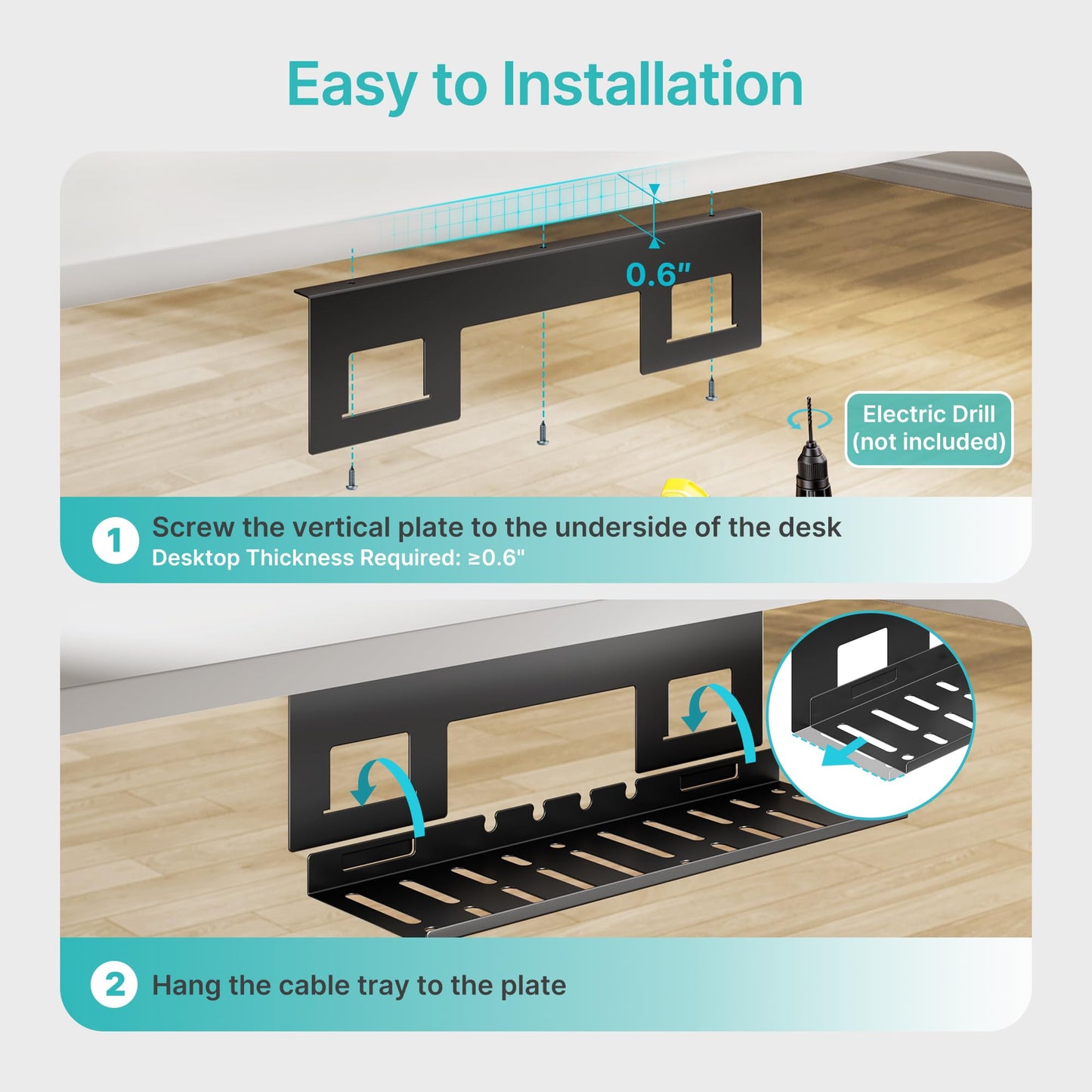 PEGZONE Under Desk Cable Management Tray, 15.7 Inches Metal Cord Organizer Rack, Desk Tray for Power Strip, Cord, Wire, Easy Mounting Cable Management Under Table for Home Office, Black