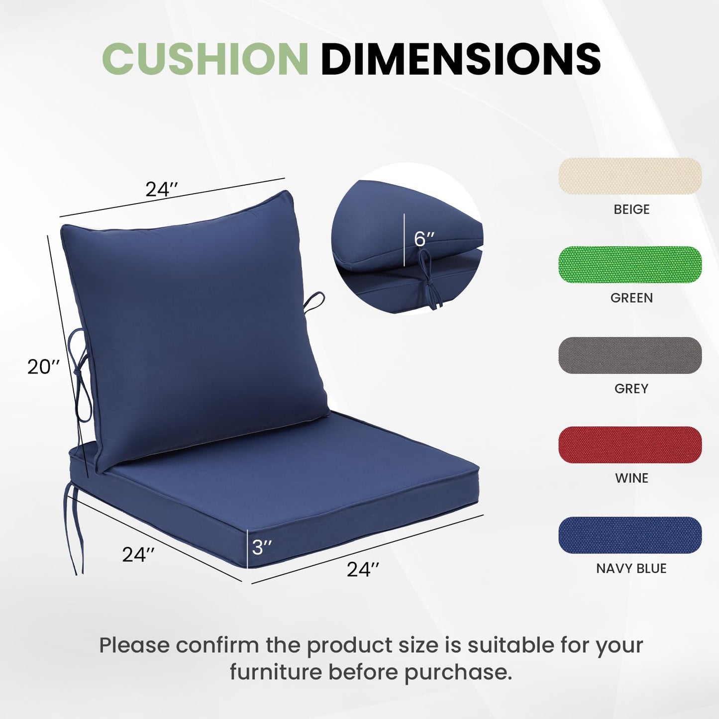 Soohow Outdoor Chair Cushions Set of 4, 24"× 24" Outdoor Sofa Replacement Cushions with Removable Cover for Patio Furniture, Navy