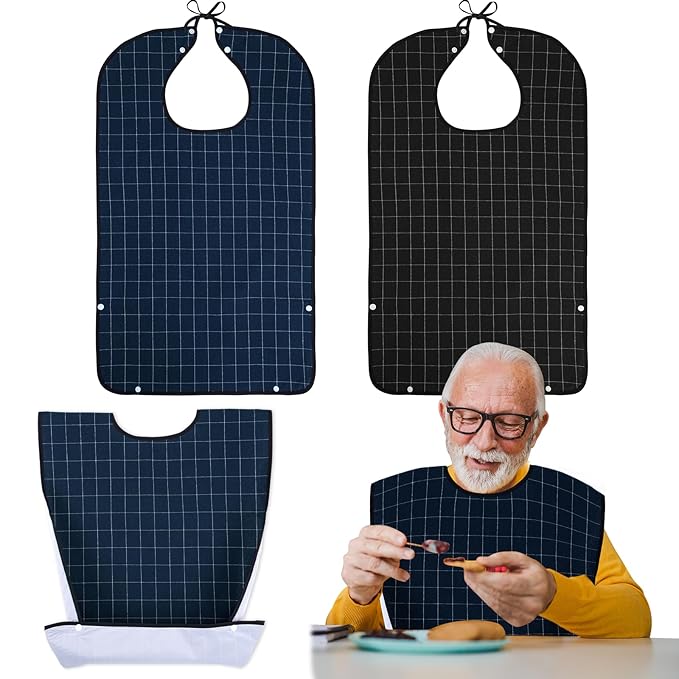 XKDOUS 2pcs Adult Bibs For Men Washable, Reusable Waterproof Large Bibs For Adult, Clothing Protector With Crumb Catcher, Blue & Black Bibs For Eating, Feeding Elderly Senior Citizens Gifts