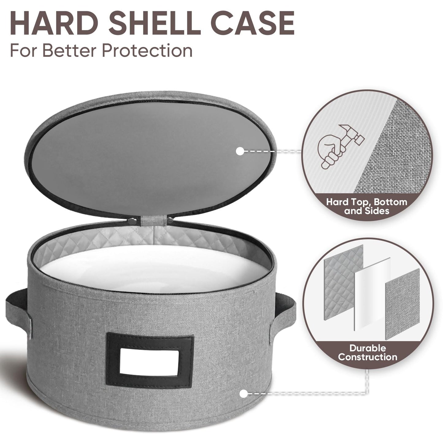 BALEINE China Storage Containers, Sturdy Quilted Wine Glass Storage, Plate Organizer with Carry Handles, Moving Boxes for Dishes, Cups, Mugs and Stemware (Plate, Hard Shell Grey)