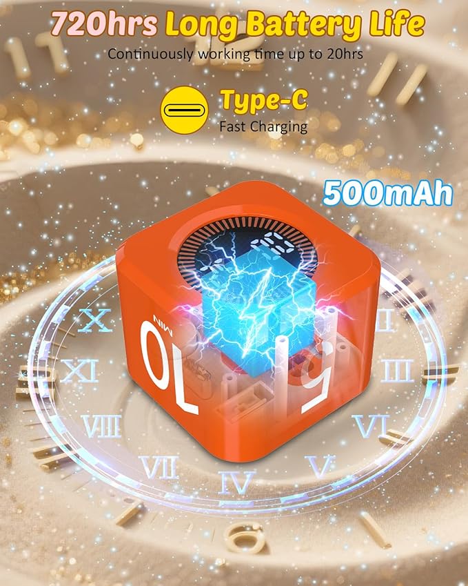 Pomodoro Timer Cube Visual Productivity Flip Timer for Kids Classroom Desk, 5/10/25/50min&Custom Countdown, Silent&Sound Mode Digital Cube for ADHD Study Work School Game Kitchen (Orange)