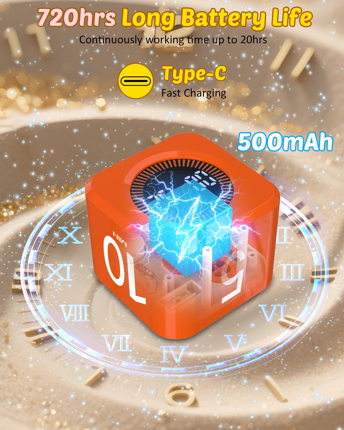 COWVTUJ Digital Pomodoro Timer Cube 5/10/25/50min, Visual Productivity Flip Timer for Kids Classroom Desk, Custom Countdown, Silent and Sound Mode for ADHD Study Work Game Kitchen (Orange)