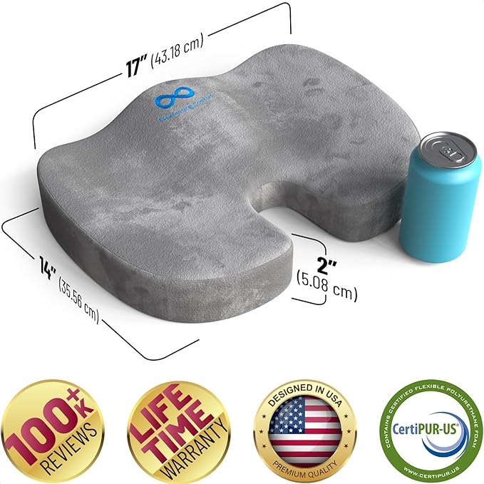 Everlasting Comfort Doctor Recommended Memory Foam Seat Cushion for Office Chairs & Car Seat - Ergonomic Office Desk Accessories for Tailbone Pain Relief, Sciatica & Back Support