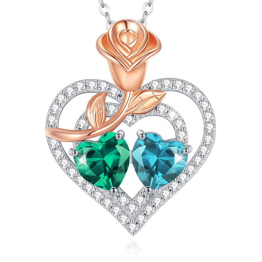 AGVANA May December Birthstone Jewelry Emerald Blue Topaz Necklace Sterling Silver Rose Flower Heart Double Birthstone Pendant Necklace Anniversary Birthday Gifts for Women Mom Wife Lady Her