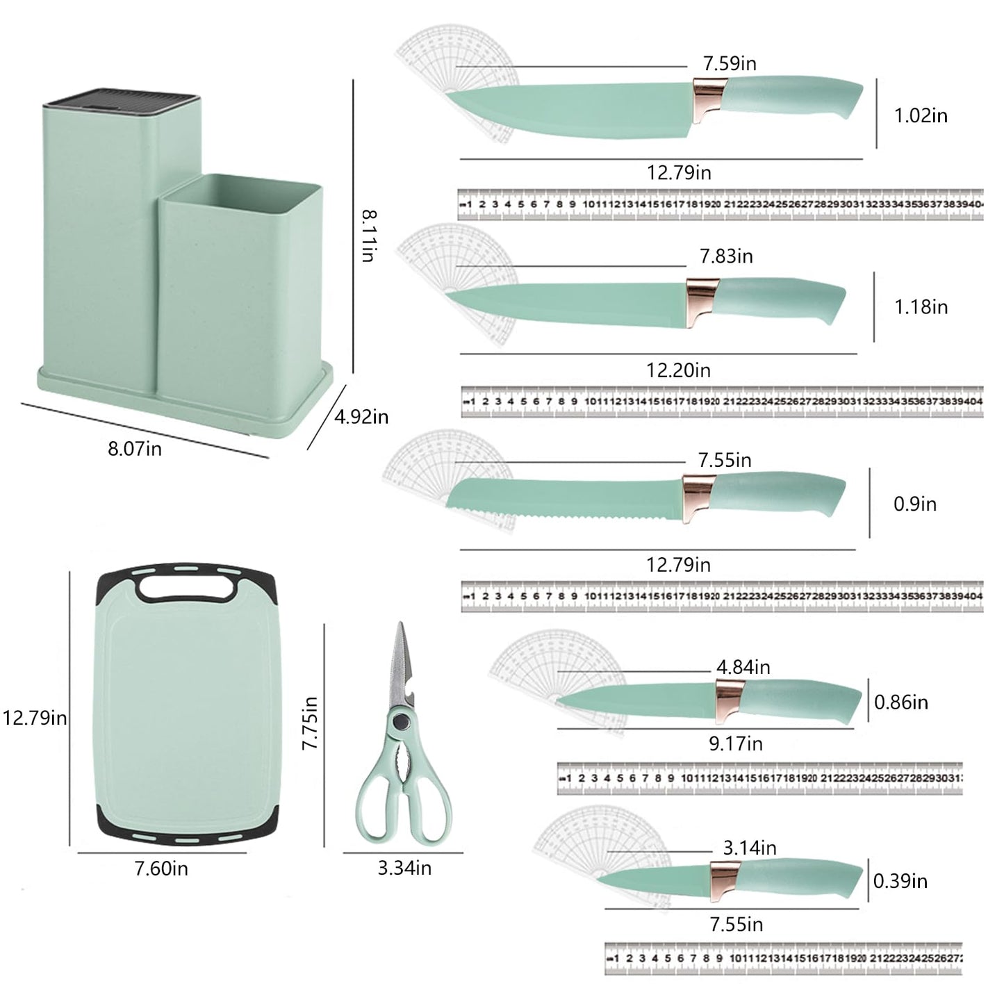 Cooking Utensils Set - 19 Piece Set with 11 Spatulas, 6 Sharp Knives, Silicone Utensils & Cutting Board (Green)