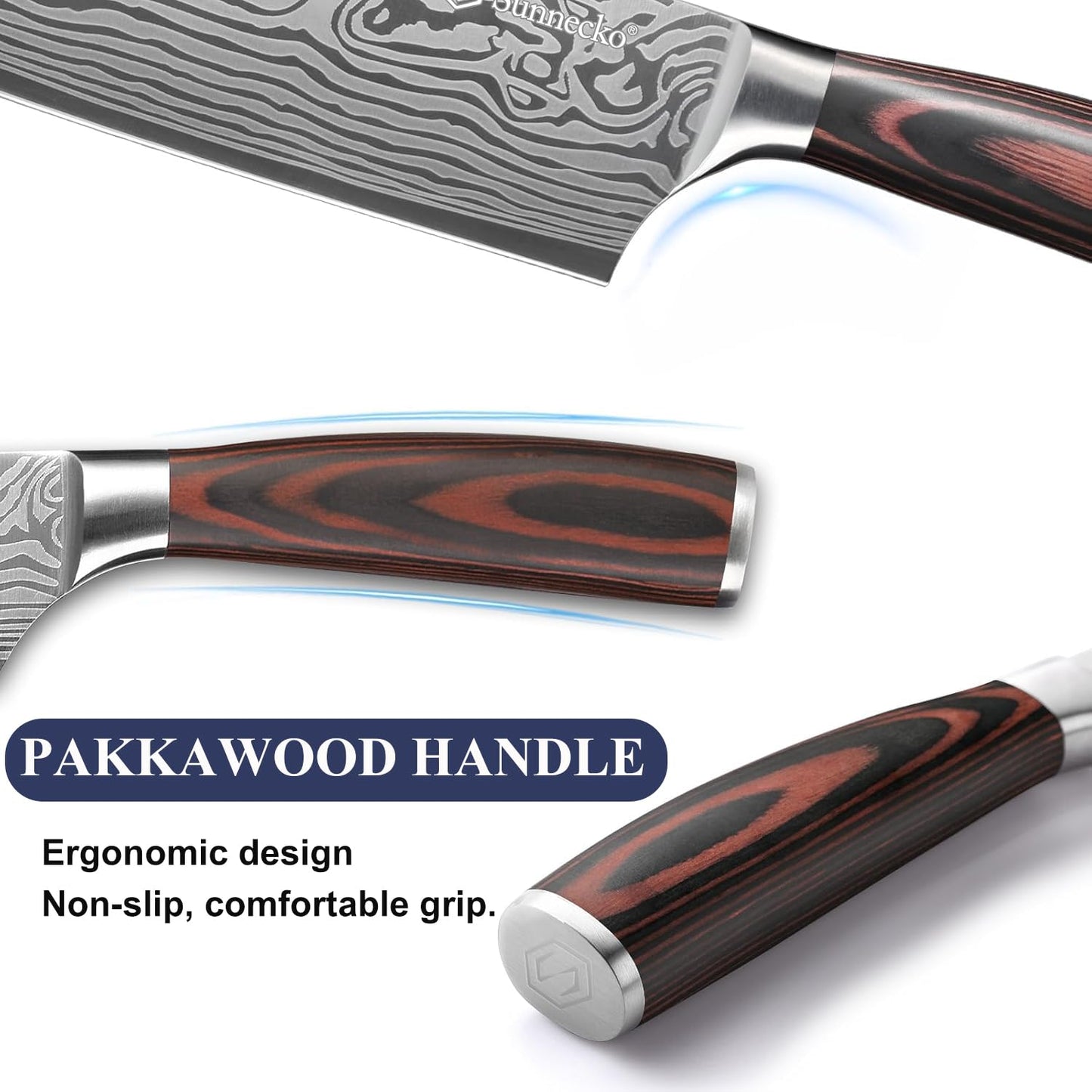 Sunnecko Kitchen Knife Set 3 Piece Chef Knife Set Professional High Carbon Stainless Steel, Sharp Kitchen Knives with Wooden Handle
