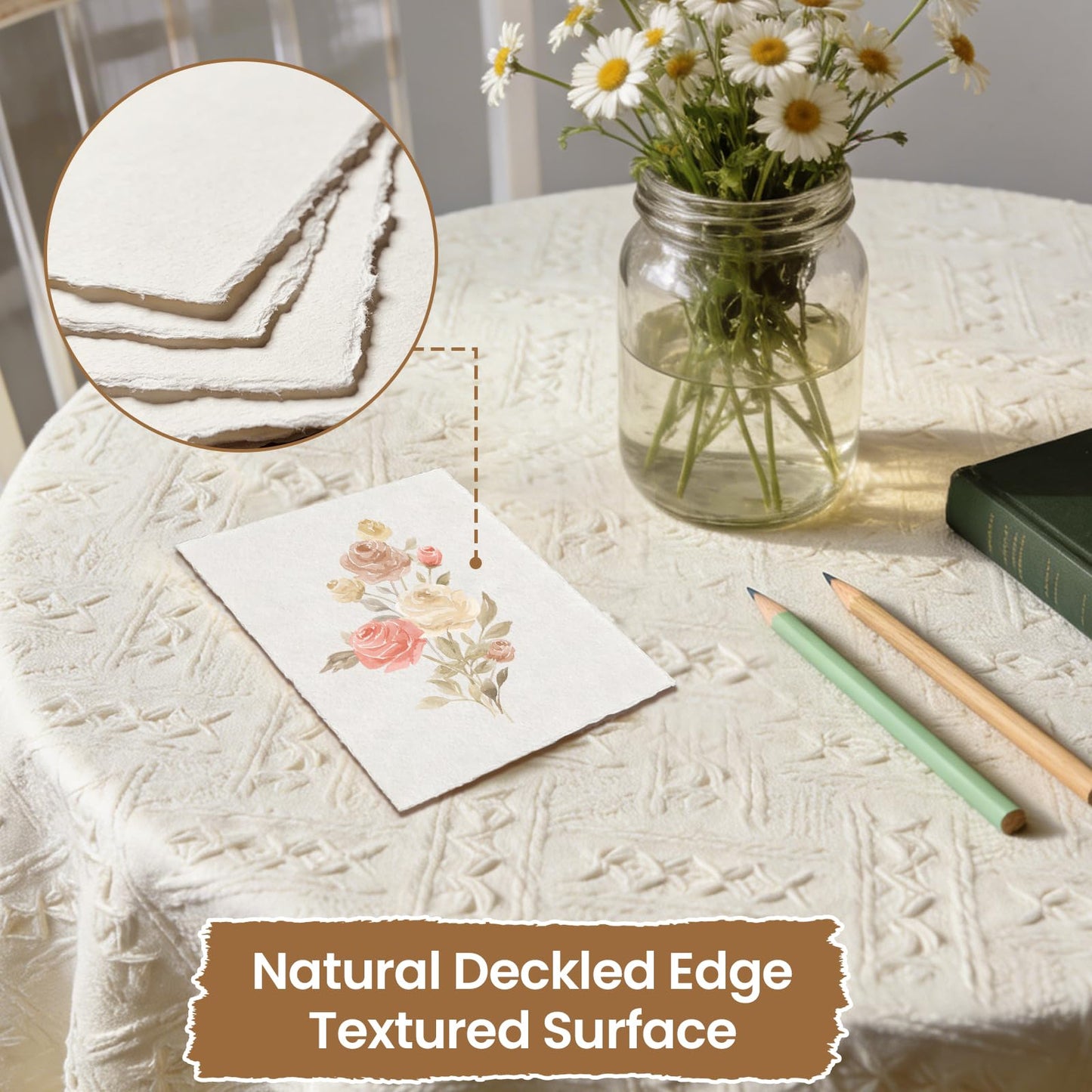 Deckled Edge Paper 4x6, 50 Sheets Handmade Watercolor Paper, 300 GSM Natural Textured Paper, Rough Cotton Paper for Invitations, Calligraphy, Painting & Craft Projects