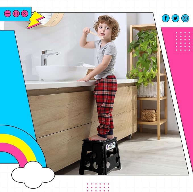 Delxo Folding Step Stool 13 Inch 2 Pack, Black Non-Slip Foldable Stools for Kids & Adults Up to 300 LBS, Step Stool with Handle, Lightweight for Kitchen/Bathroom/Bedroom/Garden