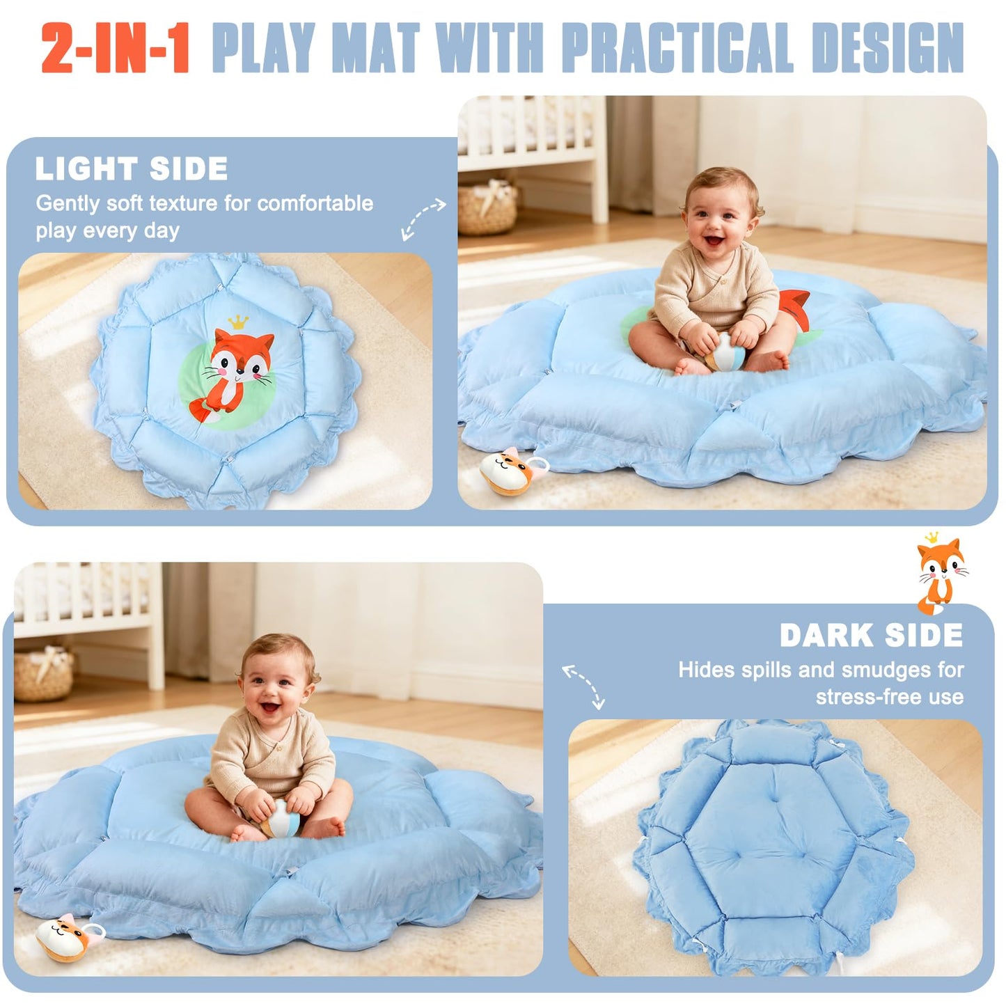 5-in-1 Baby Gym Play Mat with Cartoon Pattern, Extra Thick Plush Tummy Time Activity Gym with Hanging Toys, Sensory Development & Motor Skills Training Floor Mat, Fox