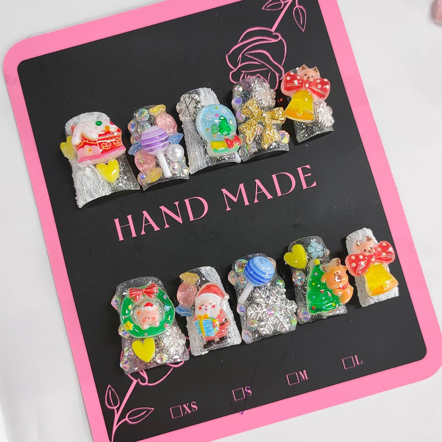 Christmas Press on Nails Handmade Fake Nails Short Duck Thick Acrylic Nail Cute False Nails with Bow Santa Lollipop Charms Glitter Designs Winter Sturdy Nail Art Press on Nails 10Pcs(M)