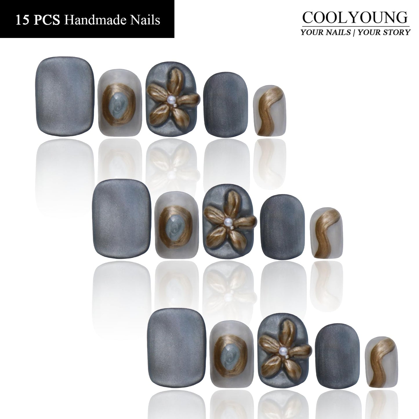 Handmade Press On Nails Cute Flower Nails 3D Blue Press On Nails With Designs Acrylic Nails COOLYOUNG Nails, Size M