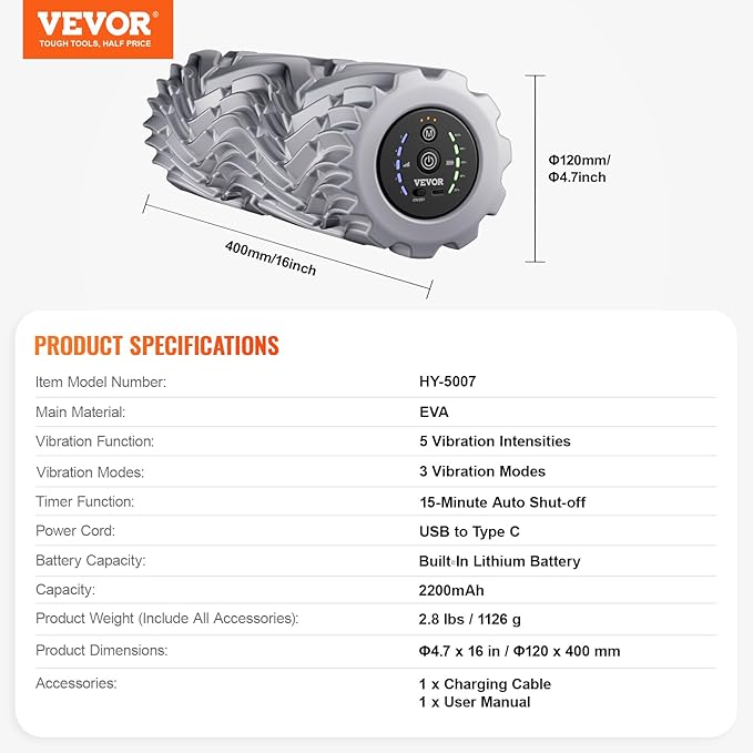 VEVOR Vibrating Foam Roller, 5-Speed Electric Massage Roller, 16" Rechargeable Muscle Roller with 3 Vibration Modes, High Density EVA Foam Massager for Deep Tissue, Back Pain Relief, Exercise Recovery