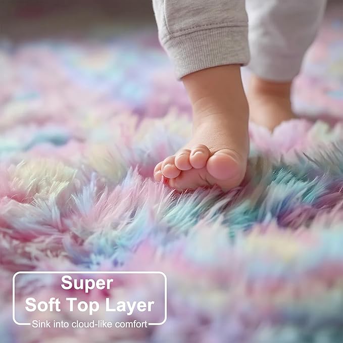 Amdrebio Rainbow Fluffy Round Rug 6Ft Kids Rugs for Girls Bedroom, Unicorn Room Decor, Colorful Pastel Plush Floor Carpet for Playroom Baby Nursery, Cute Shag Kawaii Circle Area Rug for Teen Princess