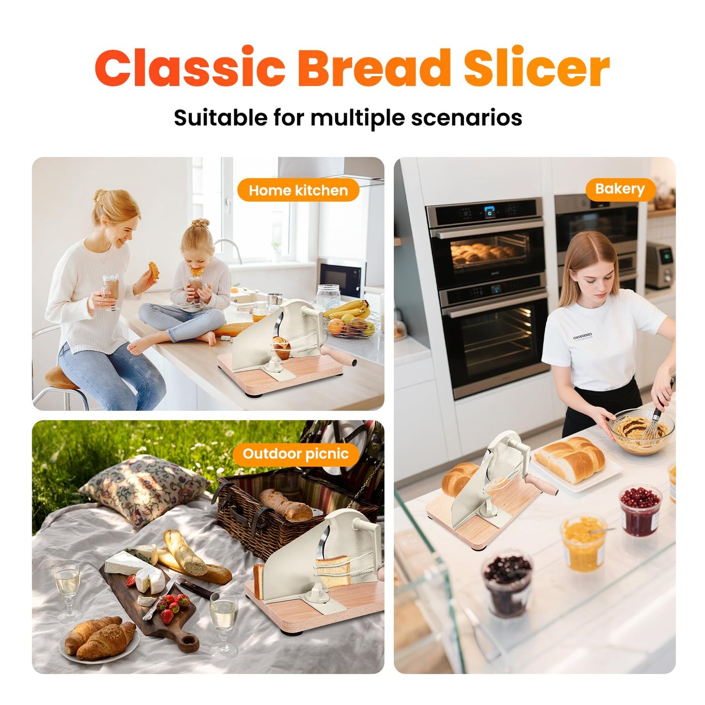 Gleissenweiss Stainless Steel Bread Slicer – Adjustable Manual Sourdough Bread Cutter with Hand Crank & Precise Thickness Control – Classic Homemade Bread Slicer for Kitchen & Bakery (Cream)