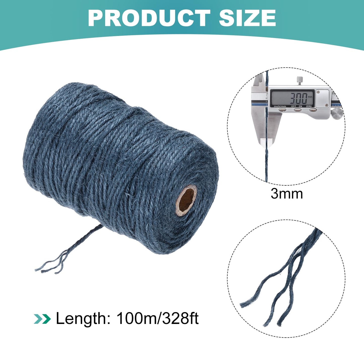 MECCANIXITY Natural Jute Twine String 328ft x 3mm Long Strong Twine Rope for Arts Crafts Ribbon Gift Wrapping Packing Christmas Wedding, Dark Blue
