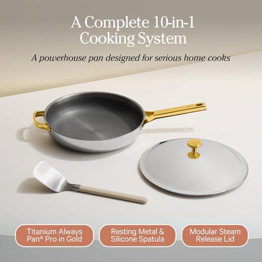 Our Place Titanium Always Pan Pro | 10.6" PFAS-Free Nonstick Frying Pan with Spatula | Chef-Grade Tri-Ply Stainless Steel & Aluminum Build | Induction & Oven-Safe up to 750°F | Gold
